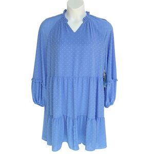 CeCe Swiss Dot Babydoll Dress Blue Jay Long Sleeve Womens Plus Size 1X NWT